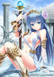 1girls akkijin armlet armor bangs bare_shoulders blue_eyes blue_hair boots bracelet breasts cleavage cloud copyright_name detached_sleeves dress female flower gem goddess hair_ornament jewelry large_breasts long_hair looking_at_viewer navel no_bra outdoors pillar shinkai_no_valkyrie sideboob sitting sky smile solo staff statue tiara venus_(shinkai_no_valkyrie) water wet