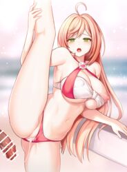 1boy absurdres after_sex after_vaginal ahoge bar_censor bikini bikini_aside bindong breasts censored closers cum cum_in_pussy female green_eyes highres large_breasts leg_lift leg_up long_hair navel nipples orange_hair penis split splits standing standing_on_one_leg swimsuit swimsuit_aside vertical_splits