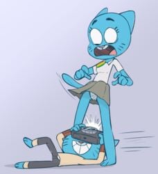 2019 anthro anthro_on_anthro blue_body bottomwear camera cartoon_network clothing domestic_cat duo felid feline felis female grin gumball_watterson holding_camera holding_object implied_incest incest lying male male/female mammal mannysdirt mother mother_and_child mother_and_son nicole_watterson on_back panties parent parent_and_child shirt shocked skirt smile son taking_picture the_amazing_world_of_gumball topwear underwear upskirt