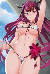 1girls bikini blue_eyes breasts cameltoe female female_only heart-shaped_pupils heart_eyes heterochromia hololive hololive_english hololive_english_-promise- horns irys irys_(hololive) looking_at_viewer micro_bikini navel nephilim pointy_ears purple_eyes purple_hair solo solo_female solo_focus sweat swimsuit swimsuit_pull virtual_youtuber