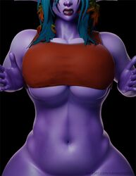 1girls 3d breast_expansion breasts cleavage clenched_teeth female female_only huge_breasts moaning mostly_nude night_elf partially_clothed purple_skin solo thick_thighs tight_clothing vanasmut wide_hips world_of_warcraft