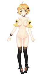 ahoge black_stockings blonde_hair breasts hololive hololive_gen_1 hololive_japan light-skinned_female nipples nude_edit nude_filter virtual_youtuber yellow_eyes yozora_mel