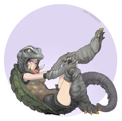 1girls 2015 bare_thighs daiei daikaijuu_gamera_(1965) gamera gamera_(series) gijinka kaiju kaiju_girl looking_at_viewer partially_clothed solo solo_female source_request tagme turtle urasatos wink