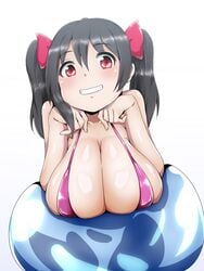 1girls big_breasts black_hair bow breast_expansion breasts exercise_ball exposed_shoulders female female_only huge_breasts large_breasts love_live! love_live!_school_idol_project overflowing_breasts red_eyes resting_breasts small_bikini twintails uzumi_(uzumi_yosi) vagina yazawa_nico