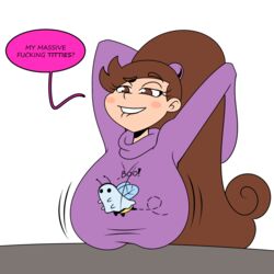 1girls alternate_breast_size comic disney disney_channel english_text female female_only frostbiteboi gravity_falls huge_breasts mabel_pines meme oh_these?_(meme) solo straight_hair text thicc-verse