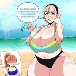 2girls alternate_breast_size alternate_costume alternate_hairstyle annette_fantine_dominic bare_midriff bare_thighs beach big_breasts blonde_hair blue_bikini blue_eyes blue_swimsuit bluueygooey breasts cleavage curvy dialogue english_text envy female_only fire_emblem fire_emblem:_three_houses gigantic_breasts green_bikini green_swimsuit huge_breasts large_breasts long_hair mercedes_von_martritz nintendo ocean orange_hair ponytail seaside short_hair smile solo_focus text thick_thighs voluptuous waving