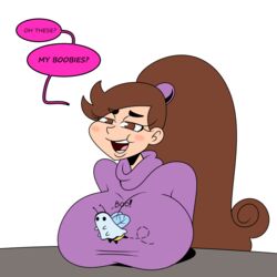 1girls alternate_breast_size brown_hair comic disney disney_channel english_text female female_only frostbiteboi gravity_falls huge_breasts mabel_pines meme oh_these?_(meme) solo straight_hair text thicc-verse