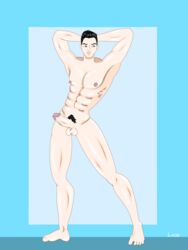 1boy abs balls bare_arms bare_ass bare_legs bare_midriff bare_shoulders bare_thighs barefoot big_ass big_balls big_butt big_nipples big_penis black_hair blue_background brown_eyes disney disney_channel erect_nipples erection feet full_body hands_behind_head jonas_brothers lean_muscle licoart looking_to_the_side male male_only muscle muscles muscular muscular_male nick_jonas nipples nude nude_male nudity pecs pectorals penis questionable_anatomy real_person shiny_skin solo