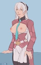 1girls ao_no_kiseki breasts breasts_out brown_eyes eiyuu_densetsu eiyuu_densetsu:_zero_no_kiseki eiyuu_densetsu_ao_no_kiseki elie elie_macdowell exposed_breasts female hand_on_hip kalruna no_bra silver_hair solo solo_female standing tie zero_no_kiseki