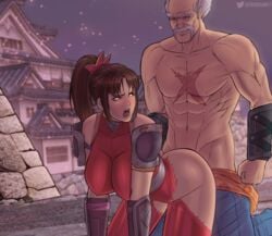 1boy commission doggy_style erodrunky female heihachi_mishima large_breasts lesseinsanimer looking_back open_mouth ponytail soul_calibur soul_calibur_ii taki tekken tight_clothing torn_clothes