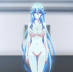 1girls big_breasts blue_hair breasts chidorigafuchi_aine hologram large_breasts long_hair looking_at_viewer masou_gakuen_hxh navel nipples nude pussy red_eyes screencap