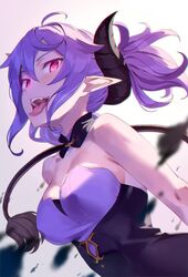 1girls bare_arms bare_shoulders breasts cleavage elf_ears fangs female female_focus female_only horn kinta_(distortion) looking_at_viewer nipple_bulge pointy_ears ponytail purple_hair red_eyes short_hair succubus tagme tail tongue_out