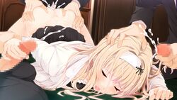 3boys artist_request bangs bent_over black_bra black_skirt blonde_hair bra brown_eyes censored closed_eyes cum cum_in_pussy cum_on_body ejaculation eyebrows_visible_through_hair female game_cg gangbang group_sex handjob headband highres indoors kijima_hyouka long_hair mosaic_censoring multiple_boys non-web_source official_art open_clothes open_mouth open_shirt penis rape sex sex_from_behind shirt skirt straight top-down_bottom-up toriko_no_shimai_~midara_ni_moteasobareru_unmei_no_mayoigo~ underwear vaginal_penetration white_shirt