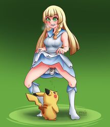 1boy 1girls blonde_hair breasts clothed_masturbation clothing dress dress_lift genital_fluids green_eyes lillie_(pokemon) long_hair magikmaymay masturbation nintendo object_insertion pikachu pokémon_(species) pokemon pokemon_rgby pokemon_sm pussy pussy_juice pussy_juice_drip sex_toy size_difference smaller_male vaginal_insertion vibrator vibrator_in_pussy yellow_body