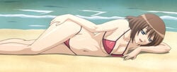 15_bishoujo_hyouryuuki 1girls beach blue_eyes breasts brown_hair clothing female female_only hand_on_hip hikari_satake human looking_down lying medium_breasts navel pose red_bikini screencap short_hair smile solo stitched