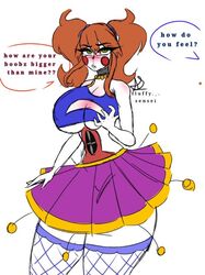 baby_(fnafsl) ballora ballora_(fnafsl) ballora_(fnia) big_breasts blush breasts circus_baby circus_baby_(fnaf) clothes_swap clothing_swap english_text five_nights_at_freddy's five_nights_at_freddy's:_sister_location five_nights_in_anime green_eyes hand_on_breast hyper_thighs looking_at_another massive_thighs orange_hair simple_background sister_location solo text thick_thighs thunder_thighs tight_clothing twintails white_background xfluffysenseix