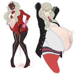 1girls ann_takamaki big_breasts breasts clone66 female female_only fetal_movement huge_belly hyper_belly hyper_pregnancy large_breasts linea_nigra persona persona_5 pregnant pussy_juice ready_to_pop torpedo_belly white_background