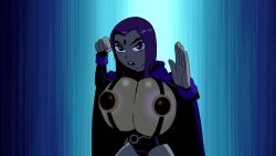 big_breasts bursting_breasts cloak clothing dc dc_comics edit gameoveredits gigantic_breasts grey_skin huge_breasts human outerwear pale_skin purple_eyes purple_hair raven_(dc) screencap screenshot screenshot_edit short_hair teen_titans tight_clothing