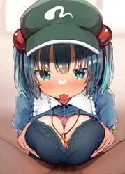 1boy absurdres aqua_eyes bangs black_bra blue_hair blue_shirt blush bra breast_hold breasts censored cleavage eyebrows_visible_through_hair female flat_cap green_headwear hair_bobbles hair_ornament hat highres key large_breasts looking_at_viewer male_pubic_hair mamemochi mosaic_censoring nitori_kawashiro one_side_up open_clothes open_shirt paizuri paizuri_under_clothes penis pov pubic_hair saliva saliva_trail shirt short_hair short_sleeves solo_focus straight tongue tongue_out touhou underwear upper_body