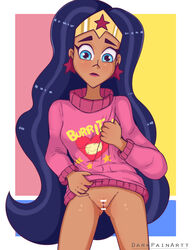 1girls bottomless censored dark-skinned_female darkpainartt dc_comics dc_super_hero_girls diana_prince female female_only no_panties pussy solo sweater wonder_woman wonder_woman_(series)