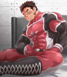 1boy akashi_(live_a_hero) bara blush bodysuit bulge covered_abs erection erection_under_clothes facial_hair goatee large_pectorals live-a-hero long_sideburns male male_focus male_masturbation male_only masturbation mature_male muscular muscular_male pectorals red_bodysuit red_eyes red_hair short_hair sideburns sitting skin_tight solo spread_legs sunfight0201 thick_eyebrows