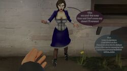 1boy 1boy1girl 1girls 3d big_breasts bioshock bioshock_infinite blue_eyes bra brown_hair cleavage comic drunk_trap elizabeth_comstock female imminent_rape male male_pov night pantyhose ponytail sfm short_dress source_filmmaker speech_bubble tagme