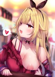 1girls black_hairband black_ribbon blonde_hair breasts choker collarbone eyebrows_visible_through_hair female female_focus hairband heart highres hoshikawa_sara long_hair long_sleeves nijisanji nipple_slip nipples one_breast_out open_mouth oppai_challenge red_eyes ribbon ribbon_choker shiki_(catbox230123) solo spoken_heart sweat upper_body virtual_youtuber