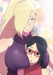 2girls age_difference alternate_breast_size big_breasts black_eyes black_hair blonde_hair blue_eyes blush boruto:_naruto_next_generations breast_focus breast_press breasts busty clothed clothed_female clothing eeshin_(eishin5584) eyewear female/female female_only female_with_female glans grin hair_over_one_eye head_between_breasts huge_breasts hugging hugging_from_behind implied_yuri ino_yamanaka long_hair looking_at_viewer mature mature_female milf multiple_girls naruto naruto_(series) older_female parted_bangs red-framed_glasses sarada_uchiha shirt sleeveless sleeveless_shirt smile smiling_at_viewer tied_hair upper_body very_long_hair younger_female yuri