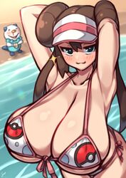 :3 alternate_breast_size arms_behind_head arms_up beach big_breasts bikini blue_eyes blush blush_stickers breasts brown_hair coffeelove68 enormous_breasts gachi_hoochi huge_breasts large_breasts nintendo oshawott pokemon pokemon_(species) pokemon_bw2 rosa_(pokemon)