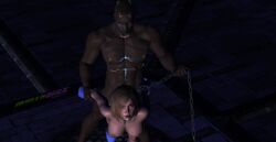 1boy 1girls 3d 3d_(artwork) blonde_hair blue_eyes bondage collar crossover dark-skinned_male dark_skin dc dc_comics geras injustice_2 interracial leash leash_pull male mortal_kombat mortal_kombat_11 muscular muscular_male mylladinx power_girl sfm