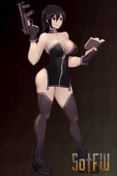 1girls 2:3 2d animated background black_thighhighs bonedhg character_request dress gun large_breasts light-skinned_female light_skin shorter_than_30_seconds side_slit strapless strapless_dress tagme thighhighs vertical_video video