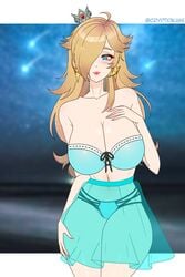 1girls alternate_costume bare_midriff bare_shoulders bare_thighs bikini bikini_skirt bimbo blonde_hair blue_bikini blue_hair blue_swimsuit cleavage crown cryptid_crab earrings hair_over_one_eye large_breasts light_blue_eyes long_hair looking_at_viewer mario_(series) nintendo princess_rosalina see-through skirt smile solo super_mario_galaxy swimsuit thick_thighs