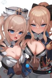 2girls amagasa barbara_(genshin_impact) blonde_hair blue_eyes blush breasts cleavage cleavage_pull female genshin_impact hands hi_res jean_gunnhildr large_breasts looking_at_viewer medium_breasts no_bra nun ponytail pov shirt_pull siblings sisters sweatdrop twintails