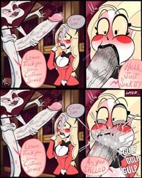 ameizing_lewds angel_dust_(hazbin_hotel) asymmetrical_eyes big_eyes big_penis black_lipstick blonde_hair blowjob charlie_morningstar_(hazbin_hotel) cheating cheating_girlfriend claws cleavage clothing cum_explosion cum_in_mouth cum_in_nose cum_in_throat deep_blowjob deep_throat deepthroat deepthroat_training demon_girl english english_dialogue english_text evil_eyes eyebrows_visible_through_hair fangs female femsub finger_in_mouth forced_deepthroat full_cleavage gag gagging gulp hazbin_hotel holding_penis huge_cock imminent_oral index_finger_raised infidelity lipstick_marks lipstick_on_penis lipstick_smear long_hair long_penis looking_at_penis male male/female maledom mouthful on_knees oral oral_sex pale-skinned_female pale_skin panels penis penis_awe penis_in_mouth presenting_penis questionable_consent red_suit sharp_teeth speech_bubble spotted_fur surprised swallowing_cum taller_male toony tuxedo wasp_waist wide_eyed worried yellow_eyes