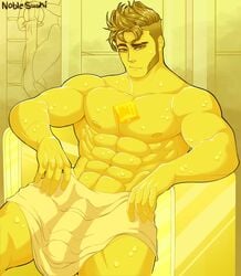 bara big_penis blanket bulge bulge_down_leg diamond diamond_(gem) diamond_authority diamond_eyes eyebrow_slits eyes facial_hair gay gem gem_(species) genderswap_(ftm) looking_at_viewer male male_focus male_only muscle muscles muscular muscular_male noblesushi raised_eyebrow rule_63 sauna steven_universe sweat sweatdrop sweating sweaty sweaty_thighs thy_noblesushi towel towel_around_waist towel_only yellow yellow_body yellow_diamond_(steven_universe) yellow_hair yellow_skin yellow_theme