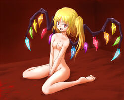 arinu blonde_hair blood blood_on_breasts blood_on_face blood_on_hand female flandre_scarlet medium_breasts nude open_mouth red_background red_eyes side_ponytail solo touhou vampire wings