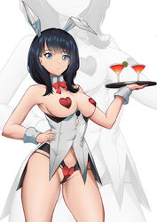 1girls 2021 alternate_version_available bare_shoulders black_hair blue_eyes breasts bunny_ears covered_navel covered_nipples dark_hair female female_focus female_only hand_on_own_waist hand_on_waist heart_pasties holding holding_object looking_at_viewer nipple_pasties no_bra partially_clothed pasties persocon93 red_heart_pasties red_pasties simple_background solo solo_female solo_focus ssss.gridman standing takarada_rikka thighs topless tray white_background white_wrist_cuffs wrist_cuffs