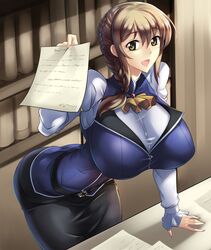 brown_hair clothes dark_green_eyes female goblin_slayer guild_girl_(goblin_slayer) haganef holding_object paper smile