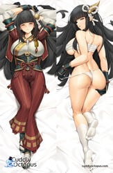 1girls armor arms_up ass ass_grab bangs bead_necklace beads black_hair breast_squeeze breasts cheek_pull cleavage_cutout clothing_cutout crotch_cutout dakimakura_(medium) eyebrows_visible_through_hair female female_only fundoshi gloves hair_ornament hakama highres hinoa japanese_clothes jewelry large_breasts legs_together looking_at_viewer looking_back lying monster_hunter monster_hunter_(series) monster_hunter_rise necklace nipples on_back on_stomach pointy_ears pubic_hair pussy pussy_juice red_legwear sarashi seductive_smile sideboob smile solo spread_ass tabi tony_guisado wet wyverian