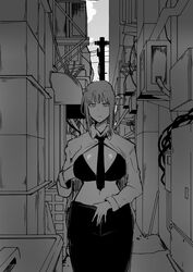 alley alley_way big_breasts chainsaw_man clothed emotionless formal formal_attire formal_clothes formal_wear fujou_joshi getting_undressed girl_in_suit huzeu1 image makima_(chainsaw_man) monochrome necktie suit_and_tie undressing woman_in_suit