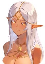 1girls bare_breasts bare_shoulders blush breasts chains cleavage dark-skinned_female dark_elf dark_skin elf elf_ears elf_female female female_focus female_only gold_jewelry golden_eyes hair_ornament kinta_(distortion) long_ears long_hair looking_at_viewer necklace nude nude_female pointy_ears smile tagme tan tan_skin white_hair