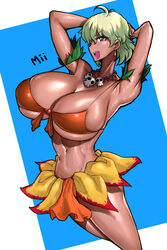 1girls bikini bikini_top blonde_hair breasts busty clothing curvy dark-skinned_female dark_skin earrings female goddess hanging_breasts huge_breasts jungle_de_ikou leaf loincloth looking_at_viewer mii_(jungle_de_ikou) necklace pelvic_curtain short_hair skirt skull_necklace solo thick_thighs tribal voluptuous wide_hips wolffeld wolffeld_price