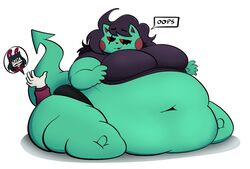 2girls 5_fingers anne_(skiptty) anthro anthro_on_anthro anthro_only aubrey_(skiptty) belly belly_button big_belly big_breasts bunny_ears cat_ears demon_cat dialogue dialogue_box eye_scar fat female female_focus female_only furry furry_only glasses immobile looking_back overweight overweight_anthro overweight_female red_pupils seductive_look sitting_on_person skiptty