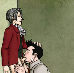 bandage clothed_sex dick_gumshoe gyakuten_saiban hand_on_head male_only miles_edgeworth oral oral_sex scarf tagme tie