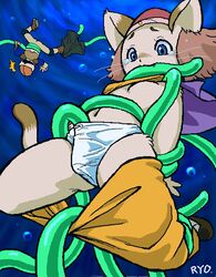 1boy 1girls animal_ears arms_behind_back blue_eyes blush bound bound_arms bound_legs bound_torso brave_story breasts brown_hair cat_ears clothing cub female furry gagged green_tentacles meena mostly_nude panties pants pants_down pants_pull rape restrained shirt shirt_lift shirt_pull short_hair sky small_breasts spread_legs tail tears teenager tentacle tentacle_gag tentacle_under_panties tentacles_under_clothes wataru_mitani white_panties wide_eyed young