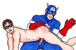 2boys abs ass blue_eyes brown_hair bucky_barnes bulge captain_america captain_america_(series) clothed_male_nude_male clothed_on_nude cmnm erect_while_spanked erection feet_out_of_frame gay gloves kid_nova looking_at_viewer male male_only marvel marvel_comics mask multiple_boys multiple_males nude penis spanking steve_rogers straight_hair superhero superhero_costume tagme uncensored yaoi