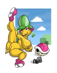 1girls anthro anthrofied big_breasts breasts camera eyeshadow female female_only hat huge_breasts koopa koopa_troopa kylie_koopa leg_up lordstevie mario_(series) mario_and_luigi_(series) mostly_nude nintendo open_mouth pink_shoes pussy shell shoes solo straight_hair tail thick thick_hips thick_thighs toony wide_hips yellow_skin