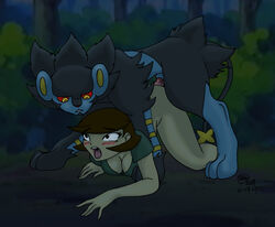 black_fur blue_fur breasts cleavage clothes color female forest fur human interspecies luxray lynxia male night nintendo nude outdoors pokemon pokemon_(species) round_ears sex tagme