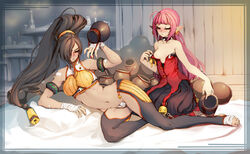 2girls ahoge arad_senki arm_support armlet bandage bandages bare_shoulders barefoot blush breasts brown_eyes brown_hair cameltoe collar drunk dungeon_and_fighter dungeon_fighter_online earrings elf erect_nipples fighter fighter_(dungeon_and_fighter) fighter_(dungeon_fighter_online) hair_ornament hair_over_one_eyes jewelry large_breasts legs long_hair long_legs mage mage_(dungeon_and_fighter) midriff multiple_girls navel pink_hair pointy_ears ponytail pot red_eyes ryunmei_ranka sleeveless spikes striker_(dungeon_and_fighter) sweat thighs tied_hair toeless_socks tsunekun undressing very_long_hair