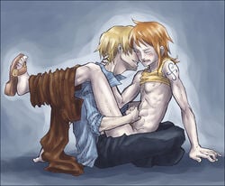 2boys blonde_hair genderswap_(ftm) male male_only multiple_boys nami namizo one_piece orange_hair penis pre-timeskip rule_63 sex straight_hair tattoo vinsmoke_sanji yaoi